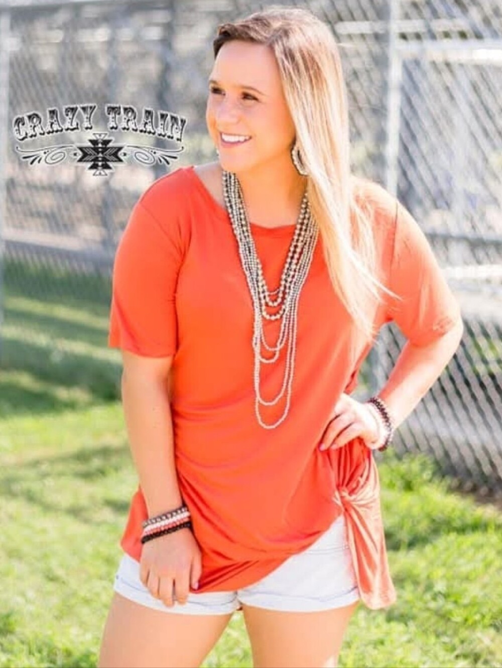 Crazy Train Orange Short Sleeve Knot-Side Tee